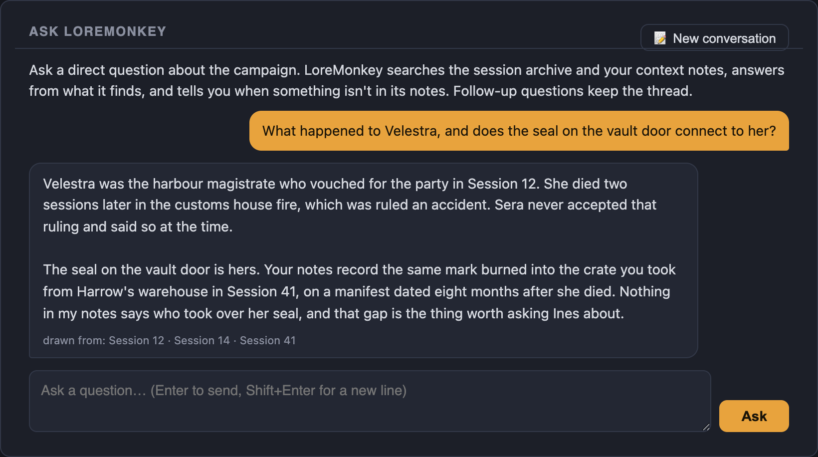 Ask LoreMonkey answering a campaign question and citing the sessions used.