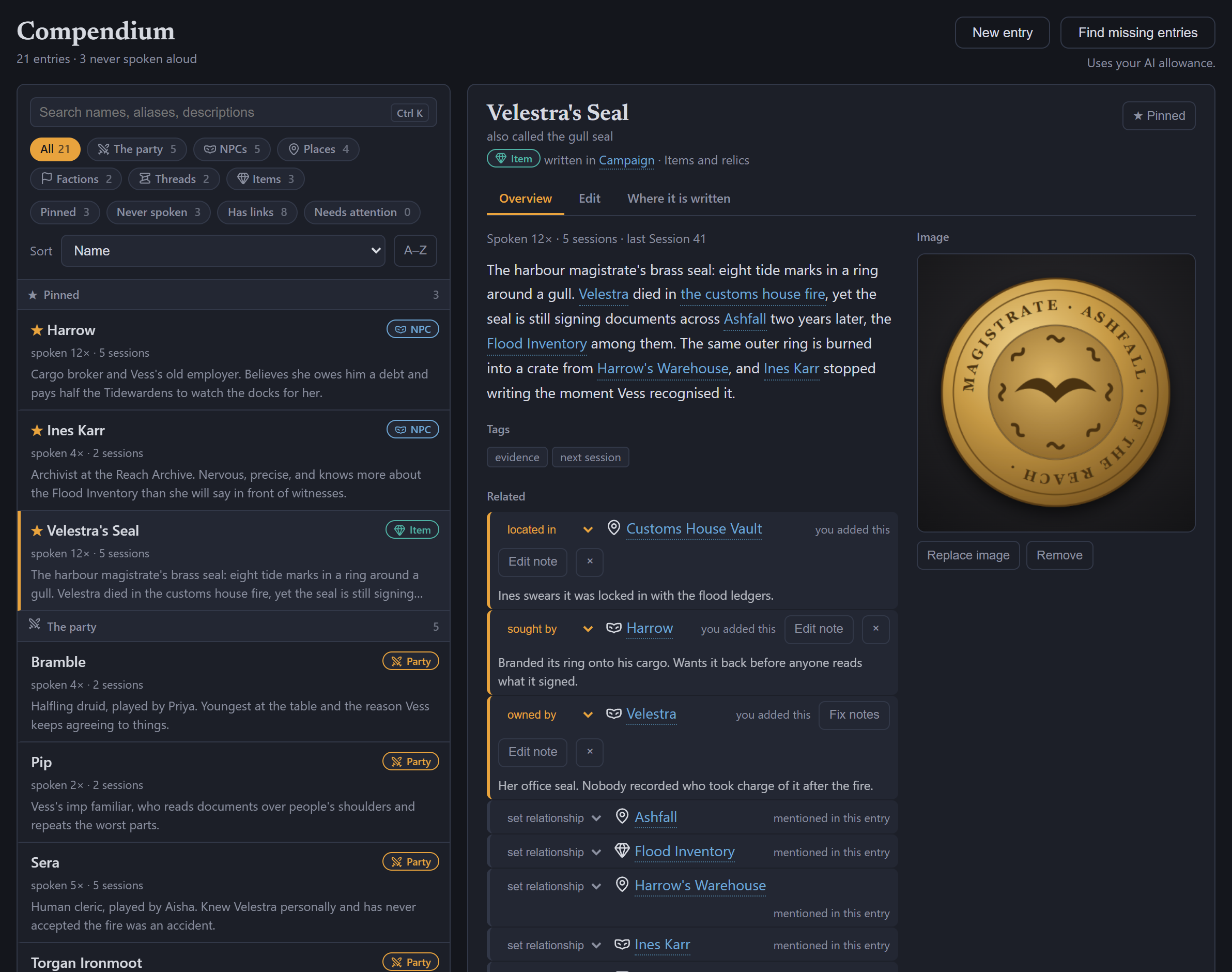 The LoreMonkey compendium open on an item, with its description, image, spoken count and linked relationships.