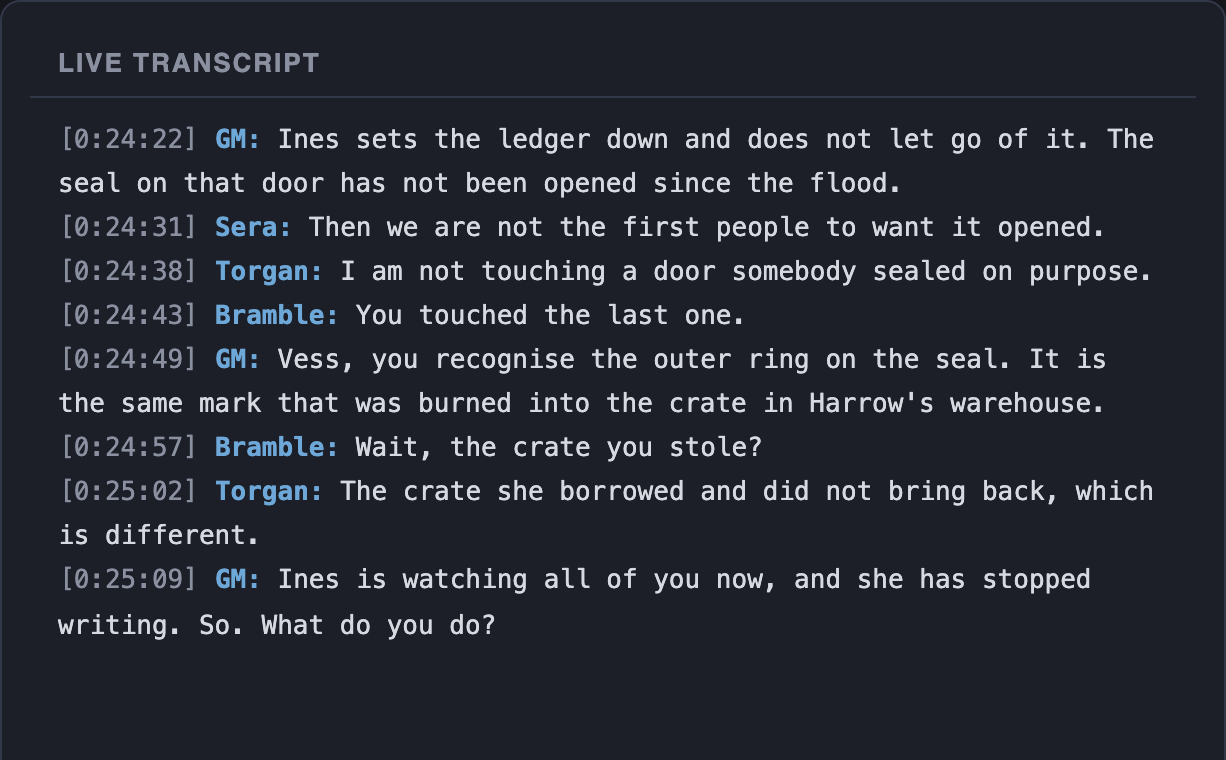 A readable LoreMonkey transcript with timestamps and character names.